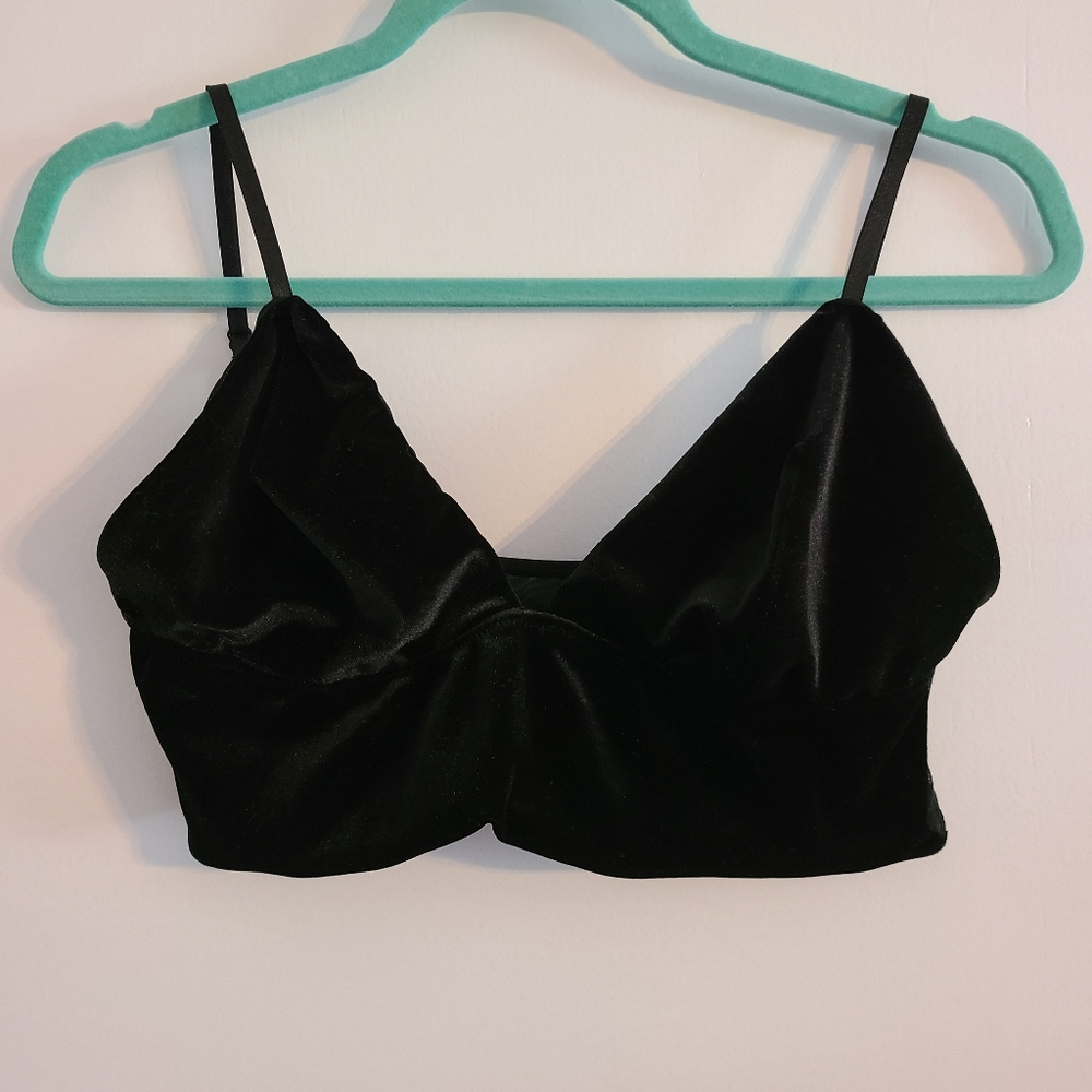 Velvet Bralette Black Cropped Long Line Bra Top XL